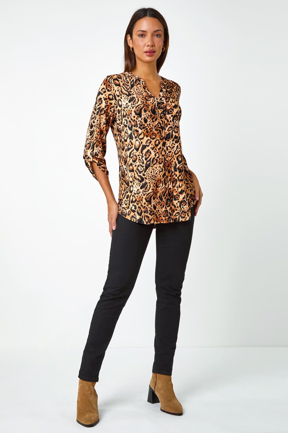 Roman Animal Print Button Detail Stretch Top