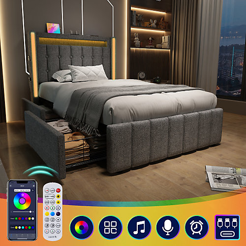 Lit adulte rembourré 90x200 cm en lin -2 tiroirs - avec fonction de charge et éclairage LED - Gris