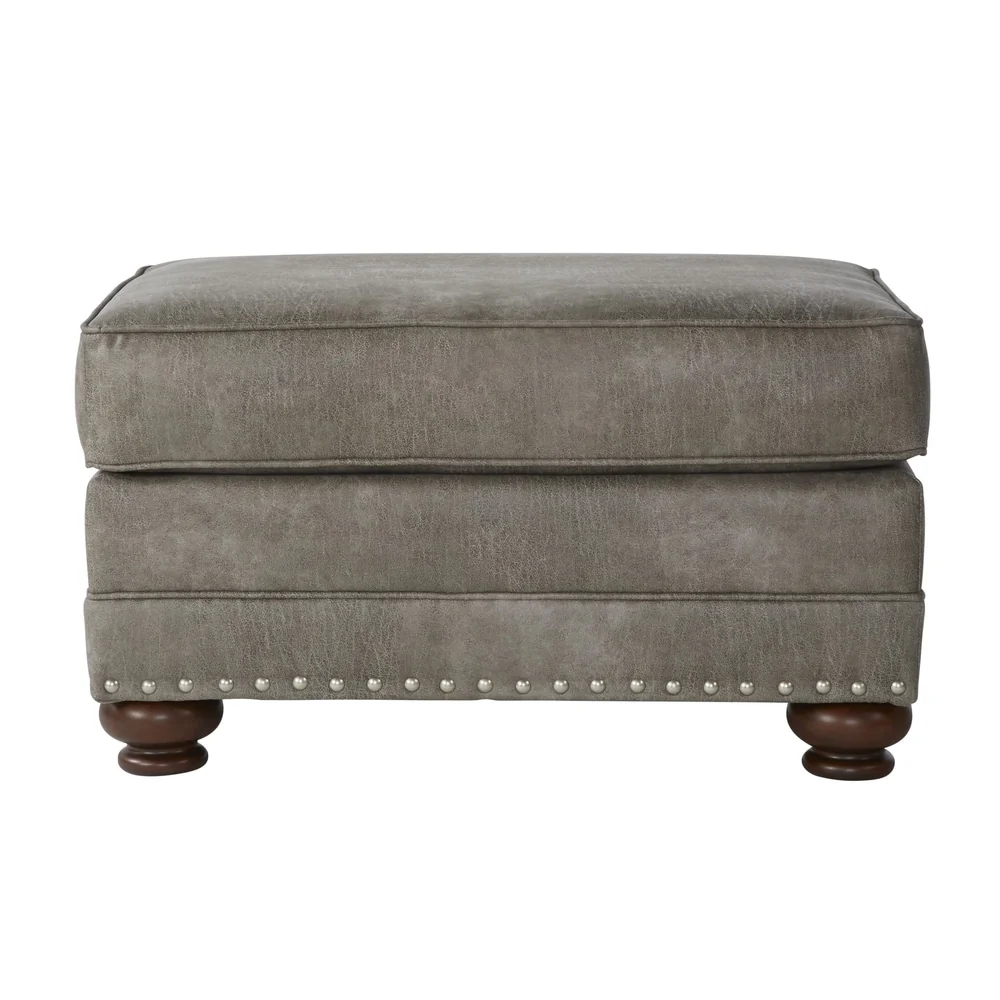 Roundhill Furniture Leinster Faux Leather Upholstered Nailhead Ottoman in Stone Gray