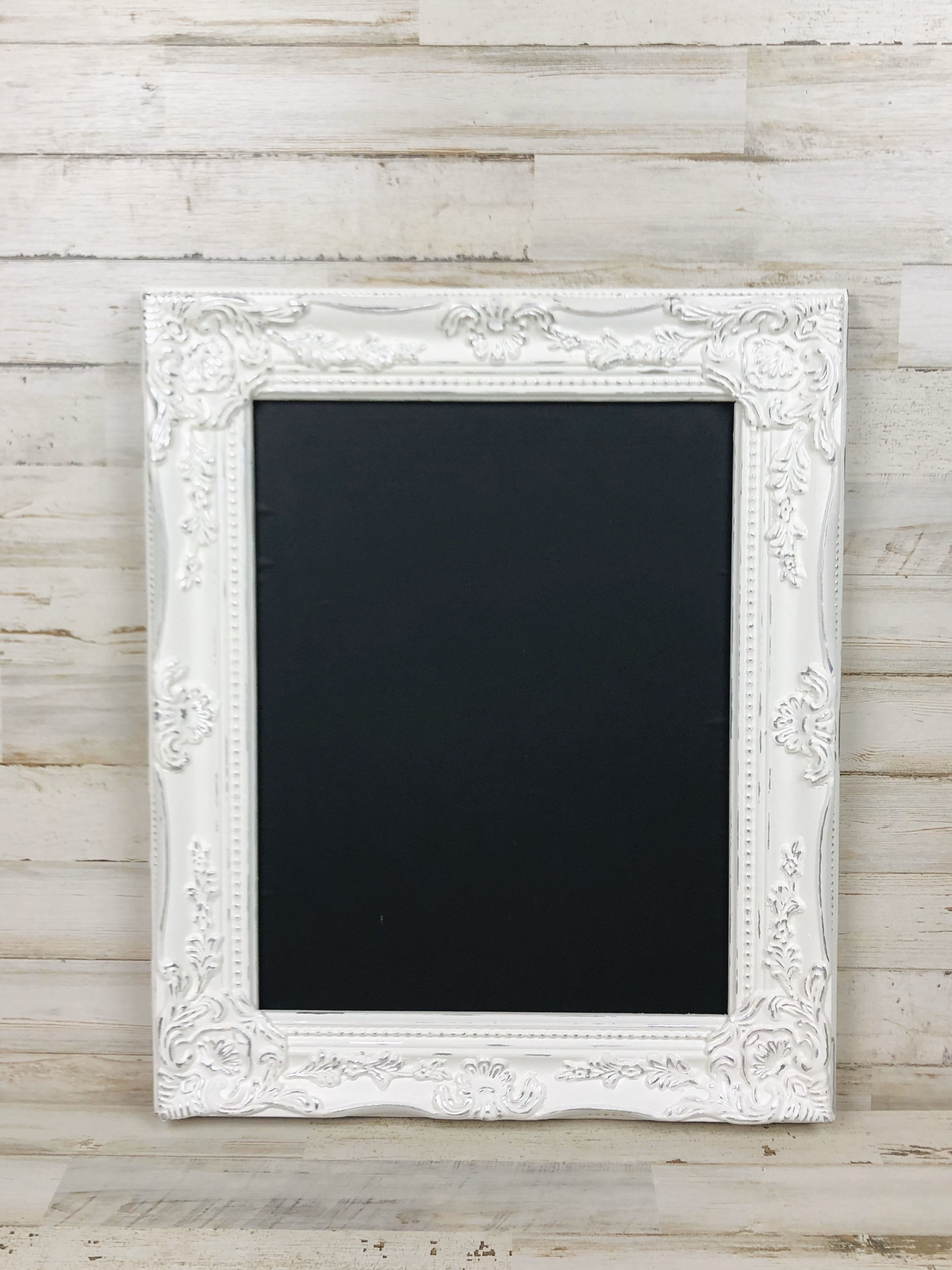 Shabby distressed chic chalkboard wedding decor, White framed ornate message menu board sign, Reception table decorations & supplies