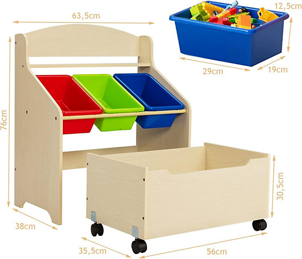 Meuble de Rangement en Bois avec 3 Boîtes en Plastiques,1 Tiroir avec 2 Roues,pour Chambre,Salle de Jeux,63,5x38x76CM (Naturel)
