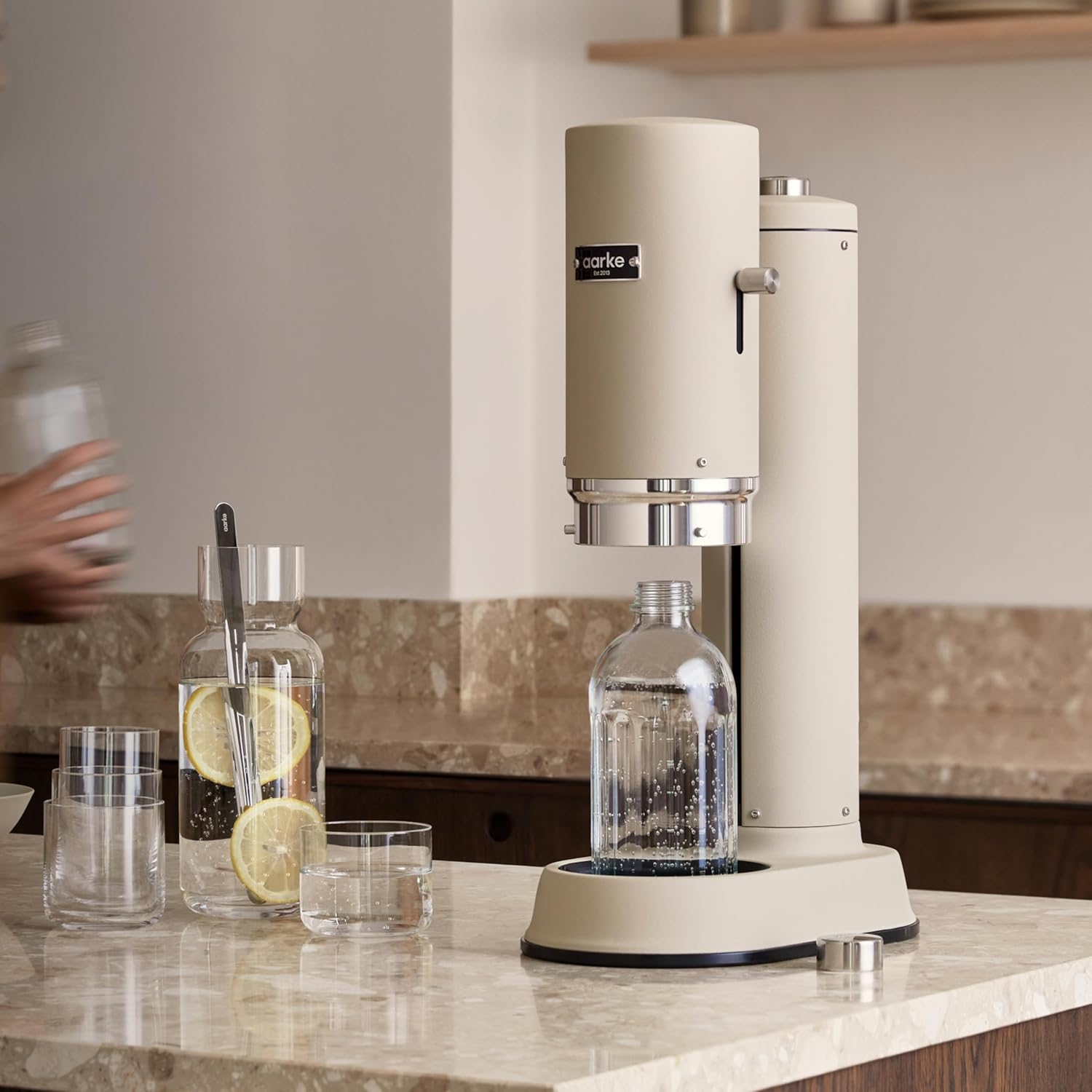 Aarke Carbonator Pro, Sparkling & Carbonation Water Machine, Stainless Steel with Glass Reusable Bottle Volume 800 mL/27 fl oz (Sand)