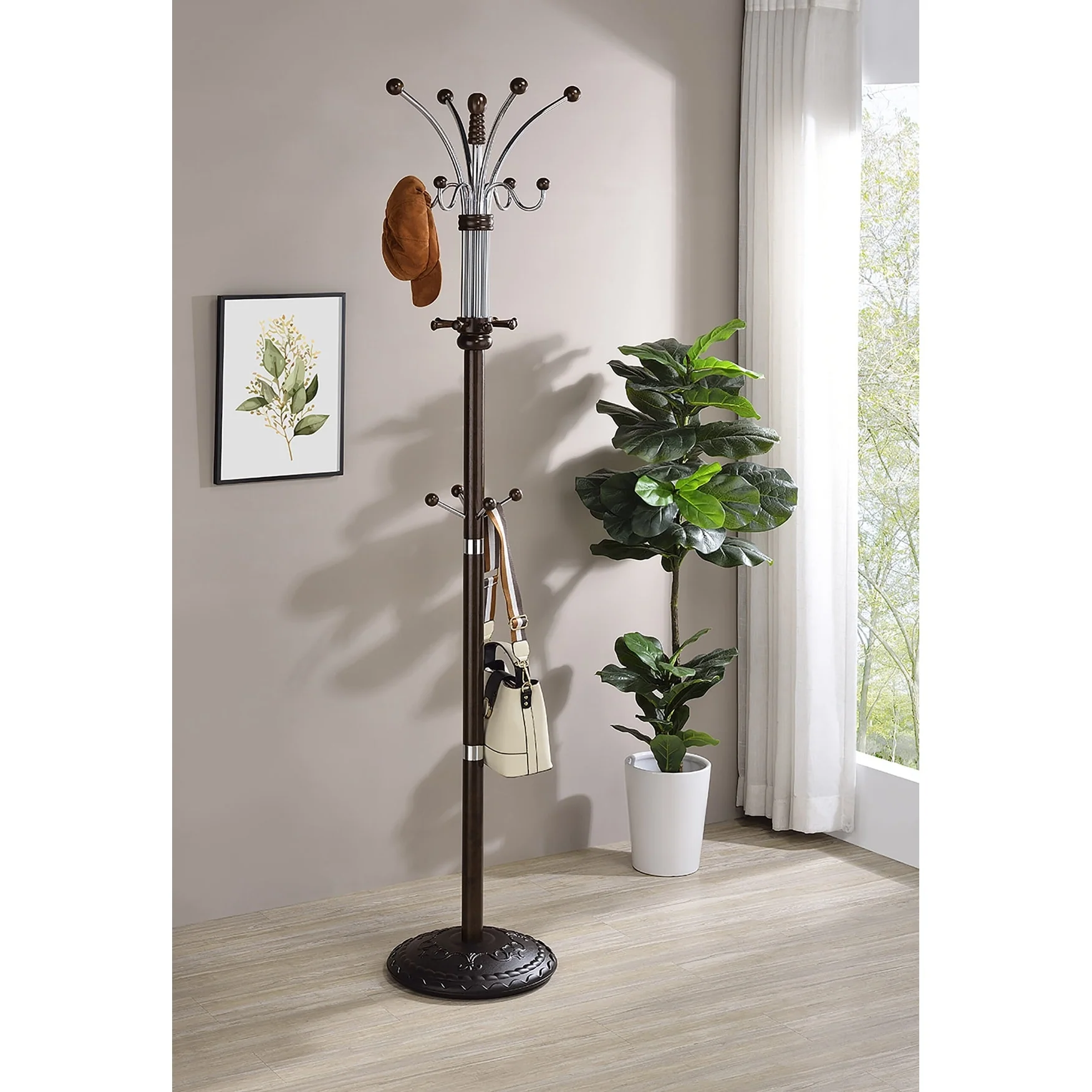 73 In. Metal and Wood Coat Rack
