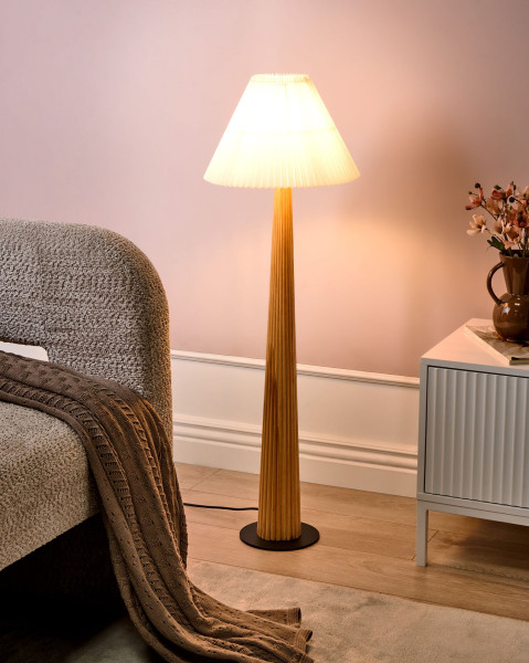 Lampa stojąca drewno kauczukowe klosz z tkaniny naturalna