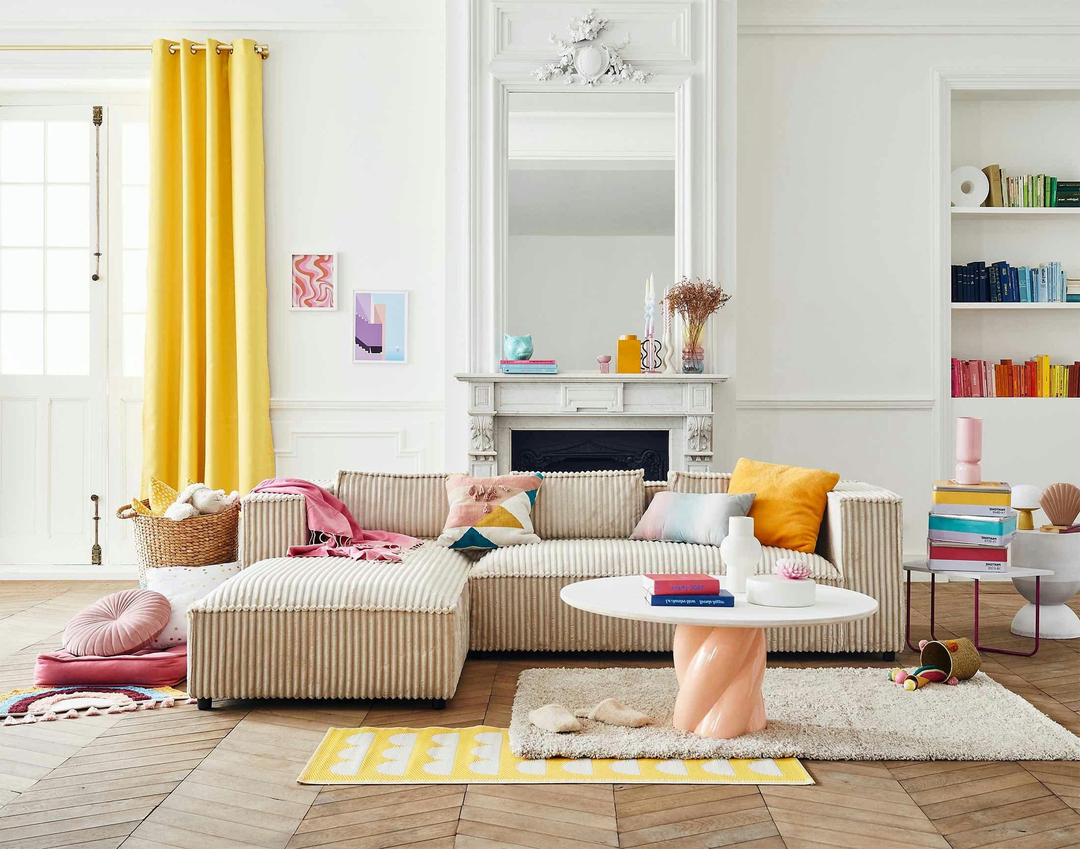 STELLA - Canapé d'angle gauche 4 places en velours grosses côtes beige