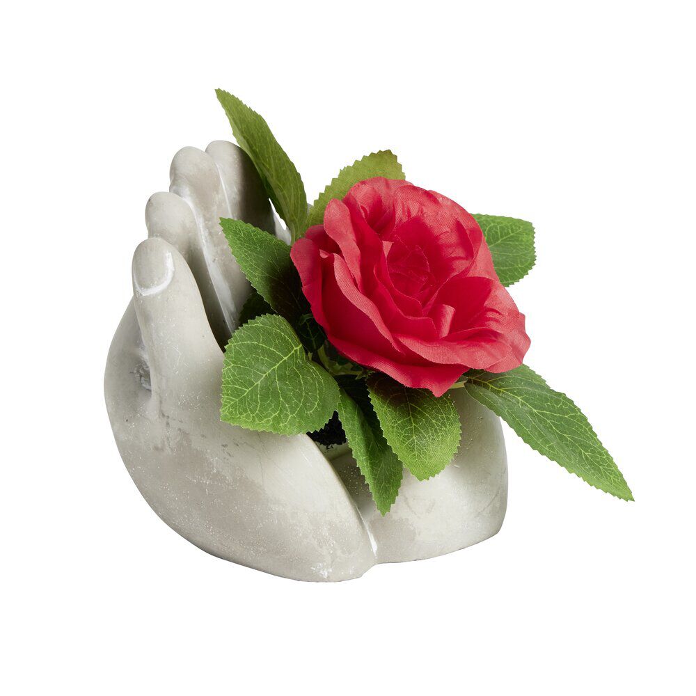 Main polyrésine avec rose rouge Ø16xH12cm