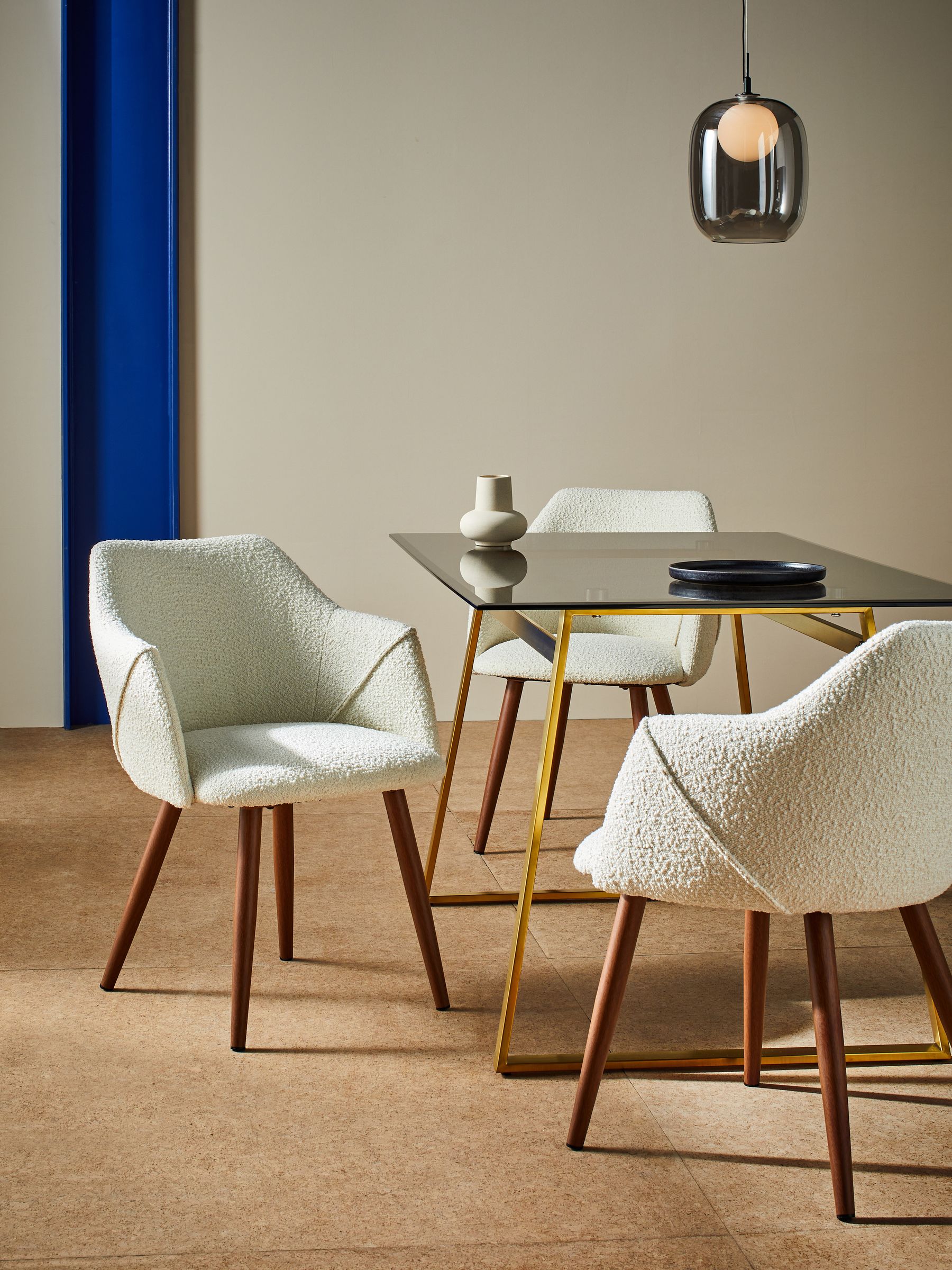 Set of 2 Lule Arm Dining Chairs in White Boucle and Walnut Effect Legs