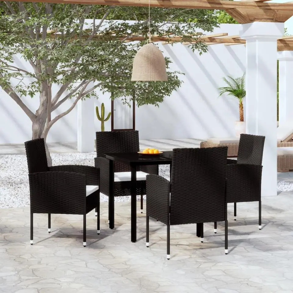 vidaXL - 4-zits Tuinset met wit kussens - Zwart PE rattan en glas - 80x80 cm