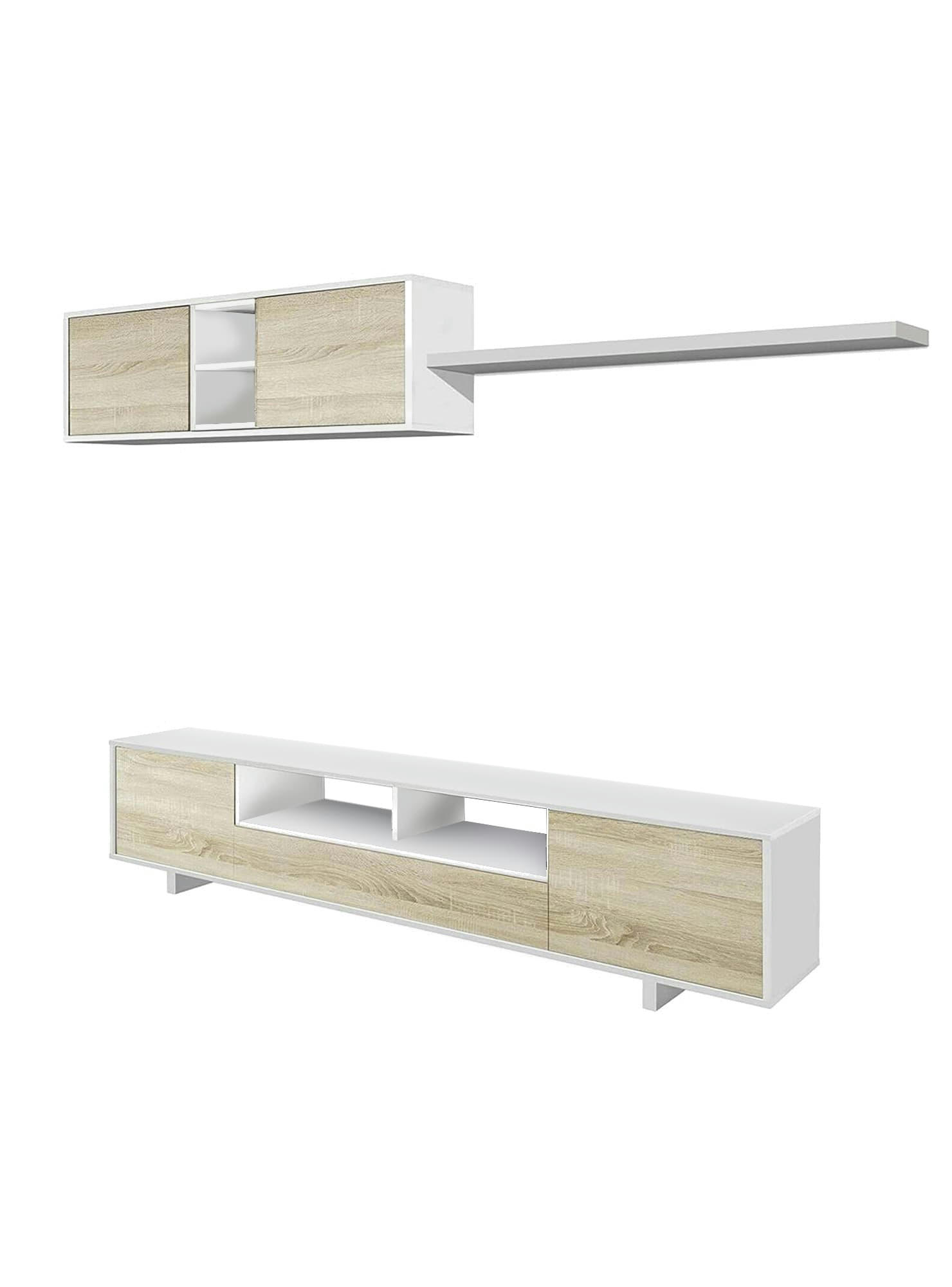 HARTFORD - Élément mural blanc brillant et effet bois chêne