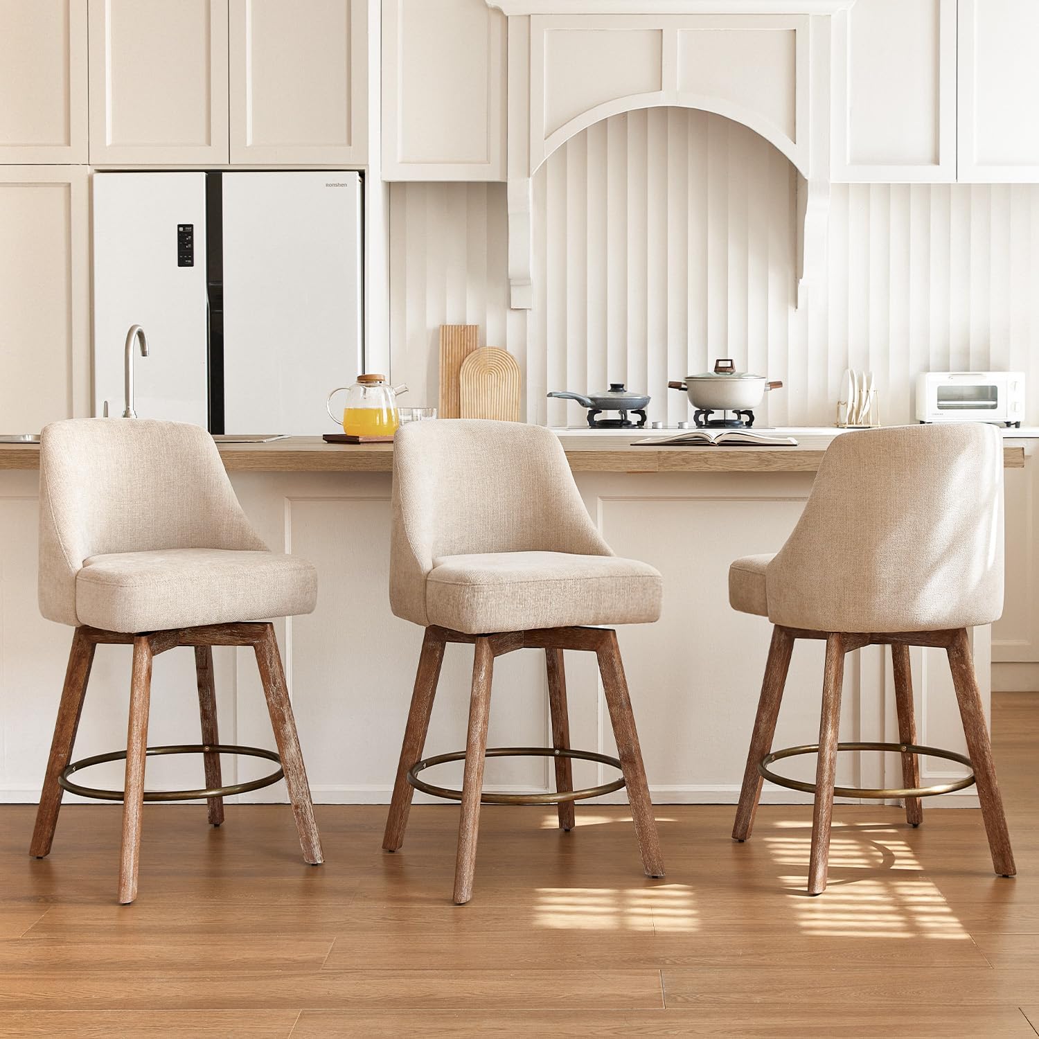 Counter Height Bar Stools,Sand-Colored Linen Comfort Fabric Bar Stool Set of 3，360° Swivel Counter Height Stools Solid Wood Legs,27'' Barstools with Contoured Backrest