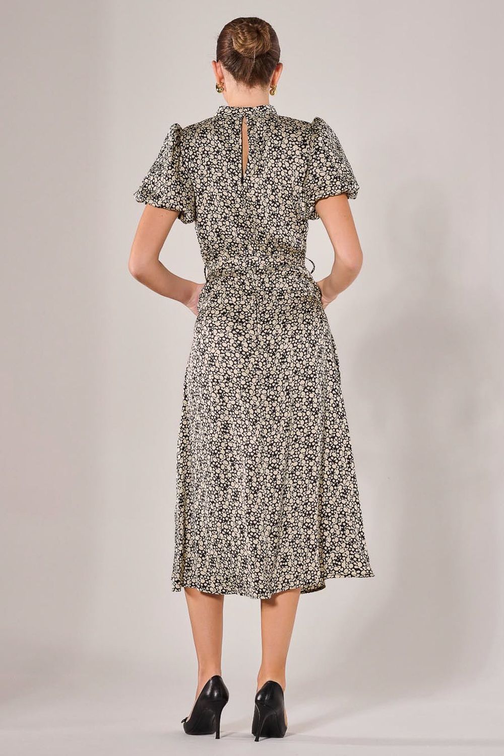 Jolie Moi Puff Sleeve Tie Waist Midi Dress