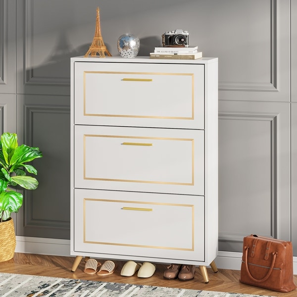 Shoe Cabinet, Wood Shoe Storage Cabinet with 3 Flip Drawers, Narrow Freestanding Shoes Rack Cabinet