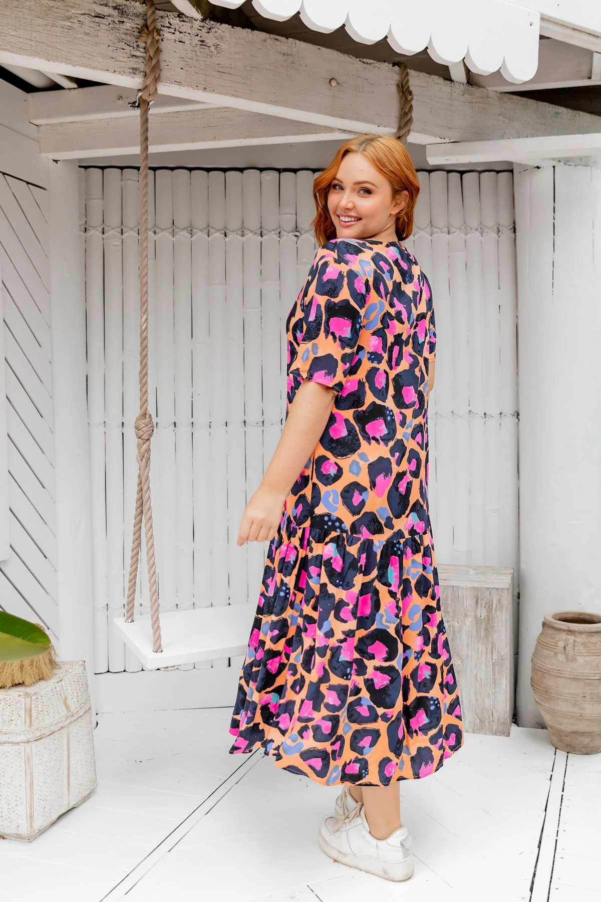 Peak Midi Dress in Sherbie - Peach Leopard by Kasey Rainbow