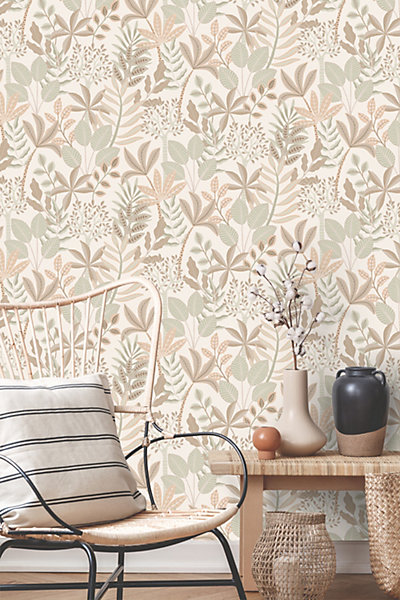 ESTAhome papier peint feuilles gris chaud, beige et vert grisé 50 x 900 cm