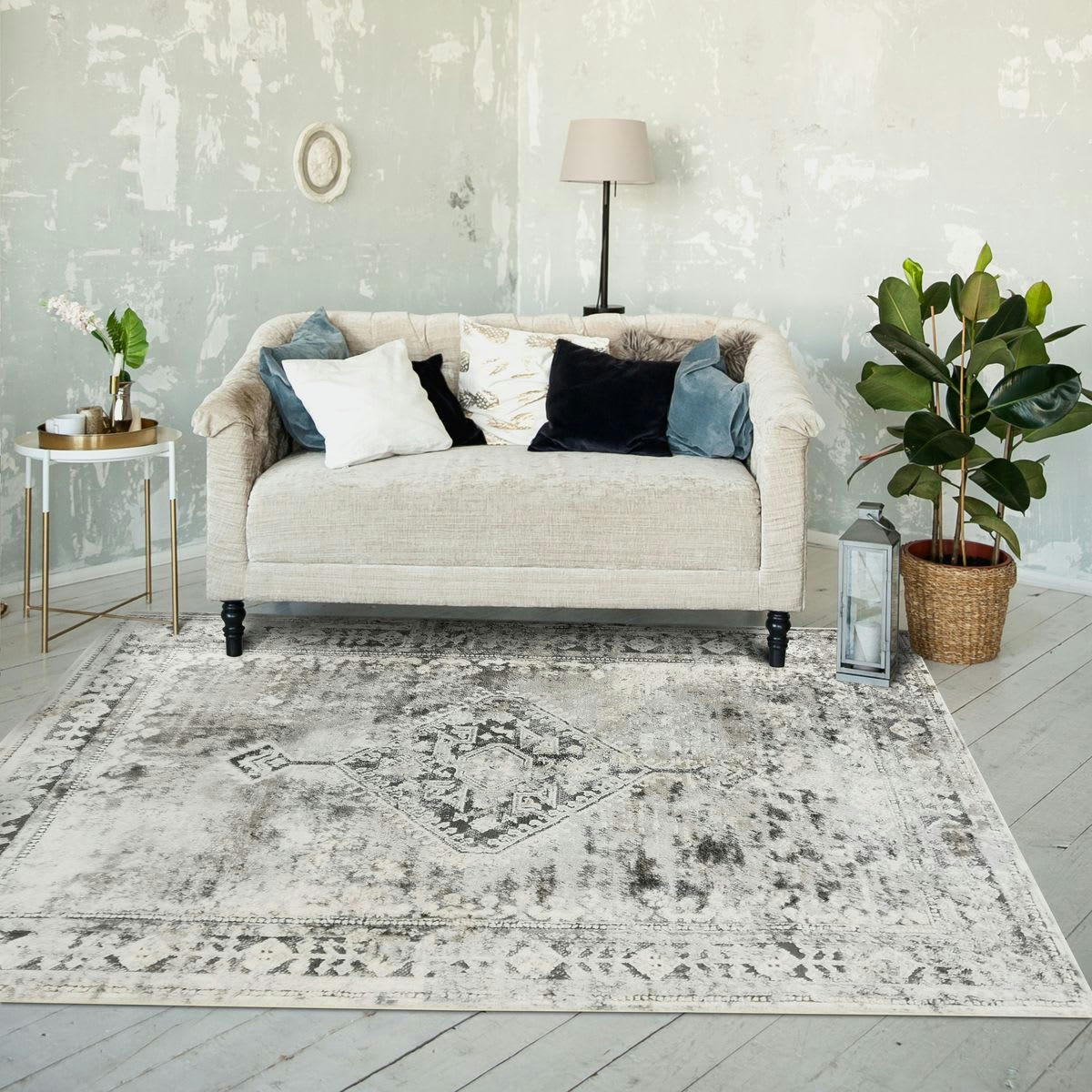 VESTALE - Tapis extra-doux médaillon effet vieilli crème argent 120x170