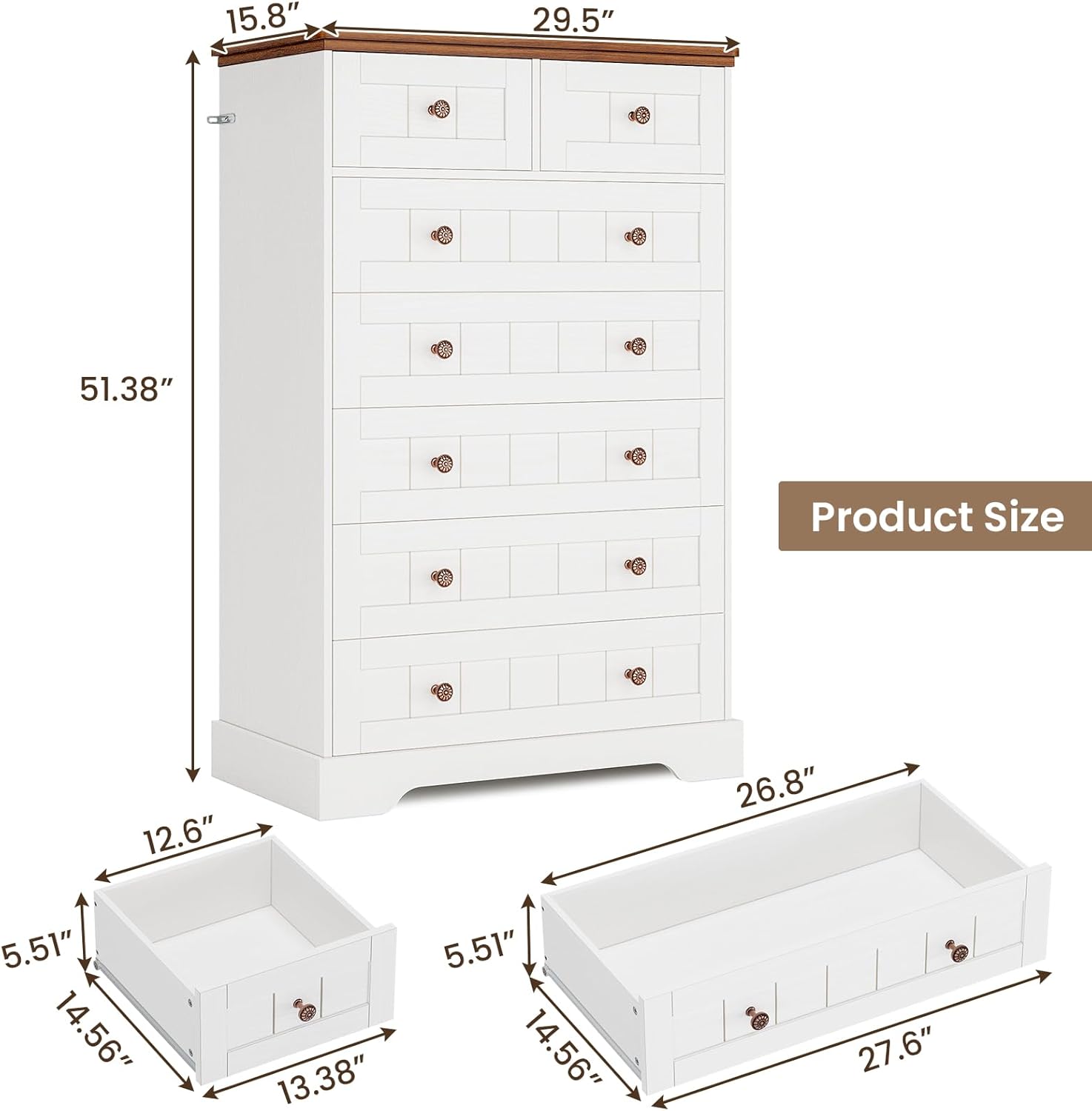 Hasuit White Dresser for Bedroom, Farmhouse 7 Drawers Dresser, 51.4Tall Dressers Chest of Drawers with Hand Carved Panel, Large Wood Closet Storage Organizers Dressers for Bedroom Living Room Hallway