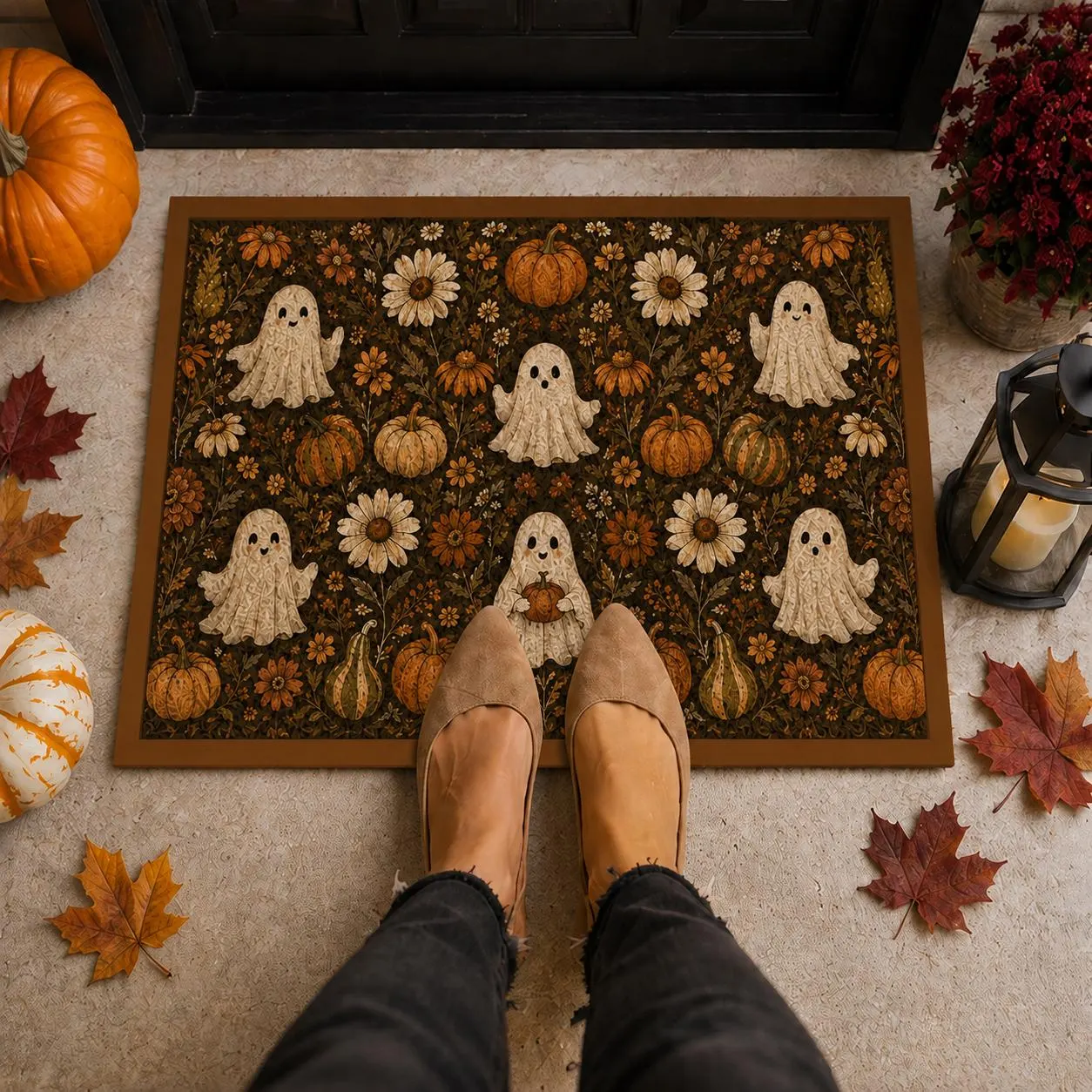 Halloween Ghost Doormat, Spooky Fall Front Door Mat, Pumpkin Floral Outdoor Rug, Cute Halloween Porch Decor, Autumn Welcome Mat