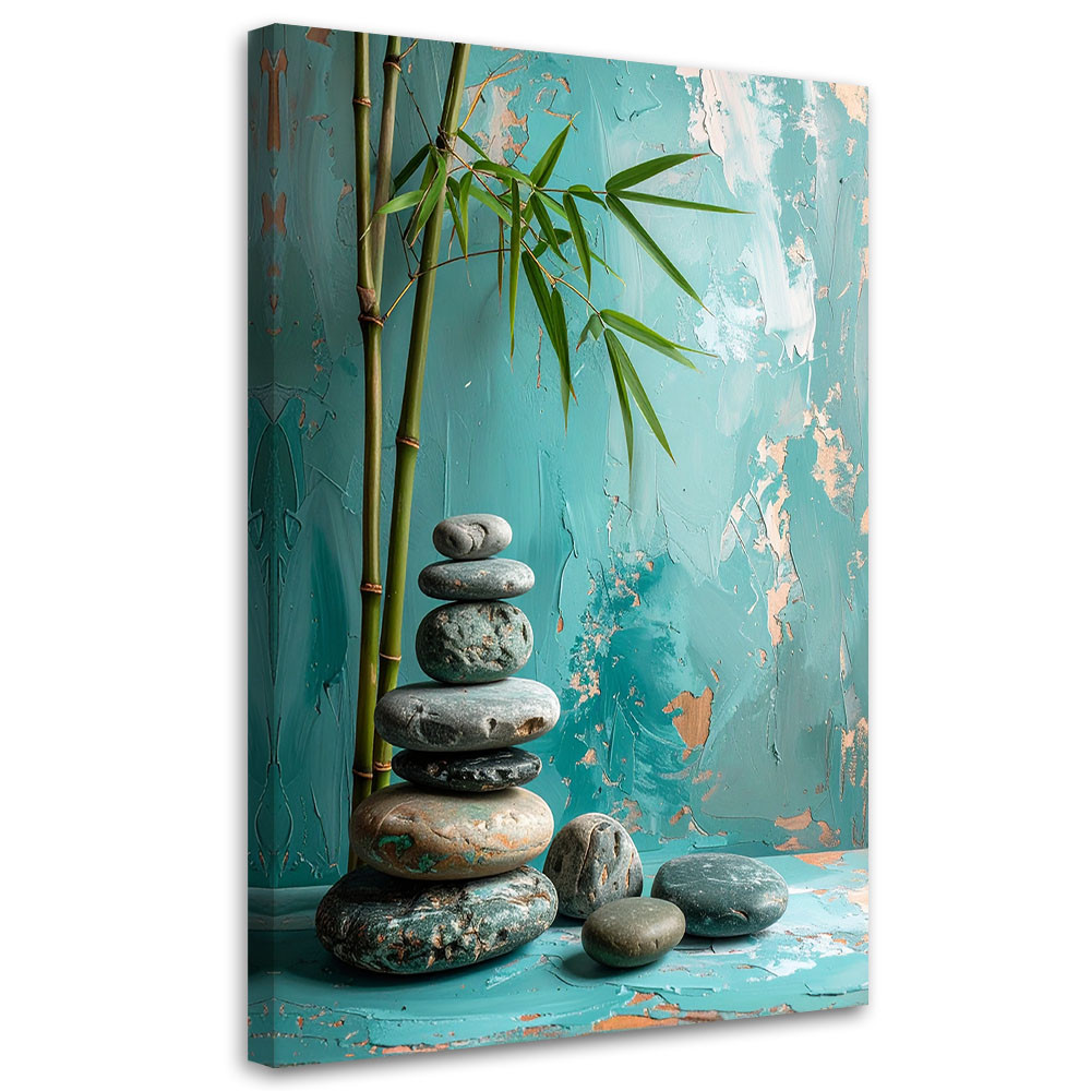 Obraz do salonu sypialni, Kamienie zen spa liście na turkusowym tle 20x30