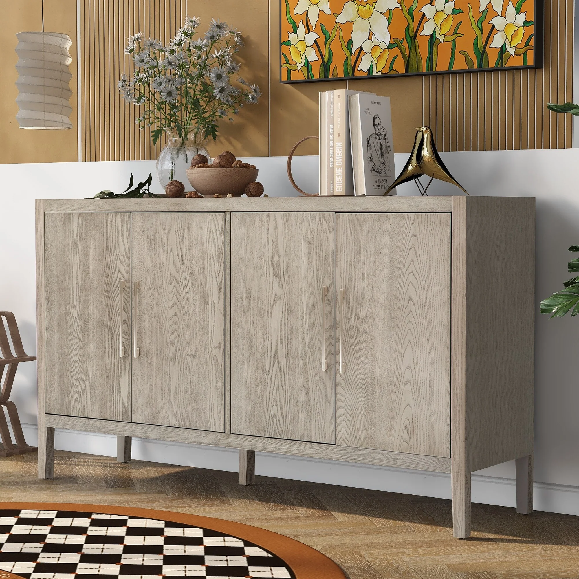 Modern Storage Cabinet with 4 Metal handles, 4 Shelves and 4 Doors for Hallway, Entryway, Living room