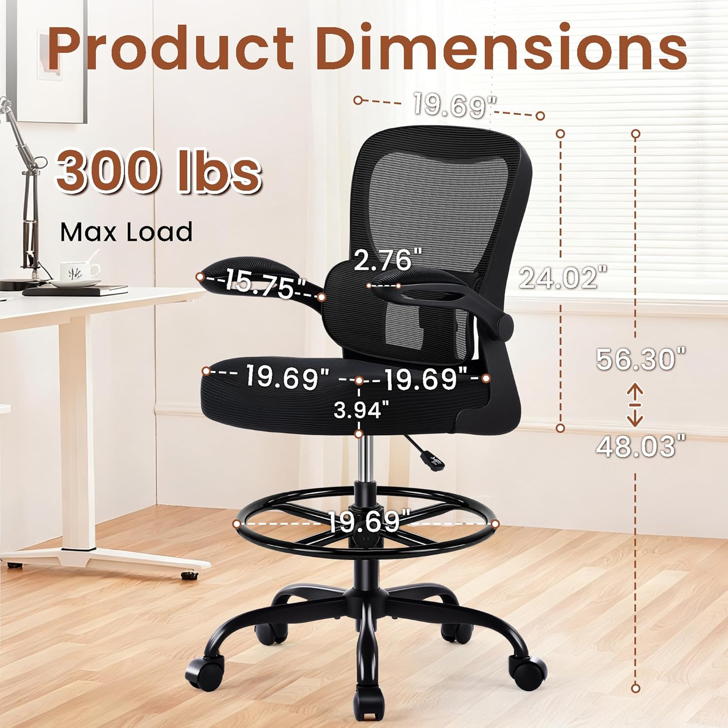 AreShark Drafting Office Chair - Ergonomic Tall Office Chair with Adjustable Footrest Ring - Counter Height Adjustable Rolling Standing Desk Chair with Lumbar Support and Flip-up Armrests for Home