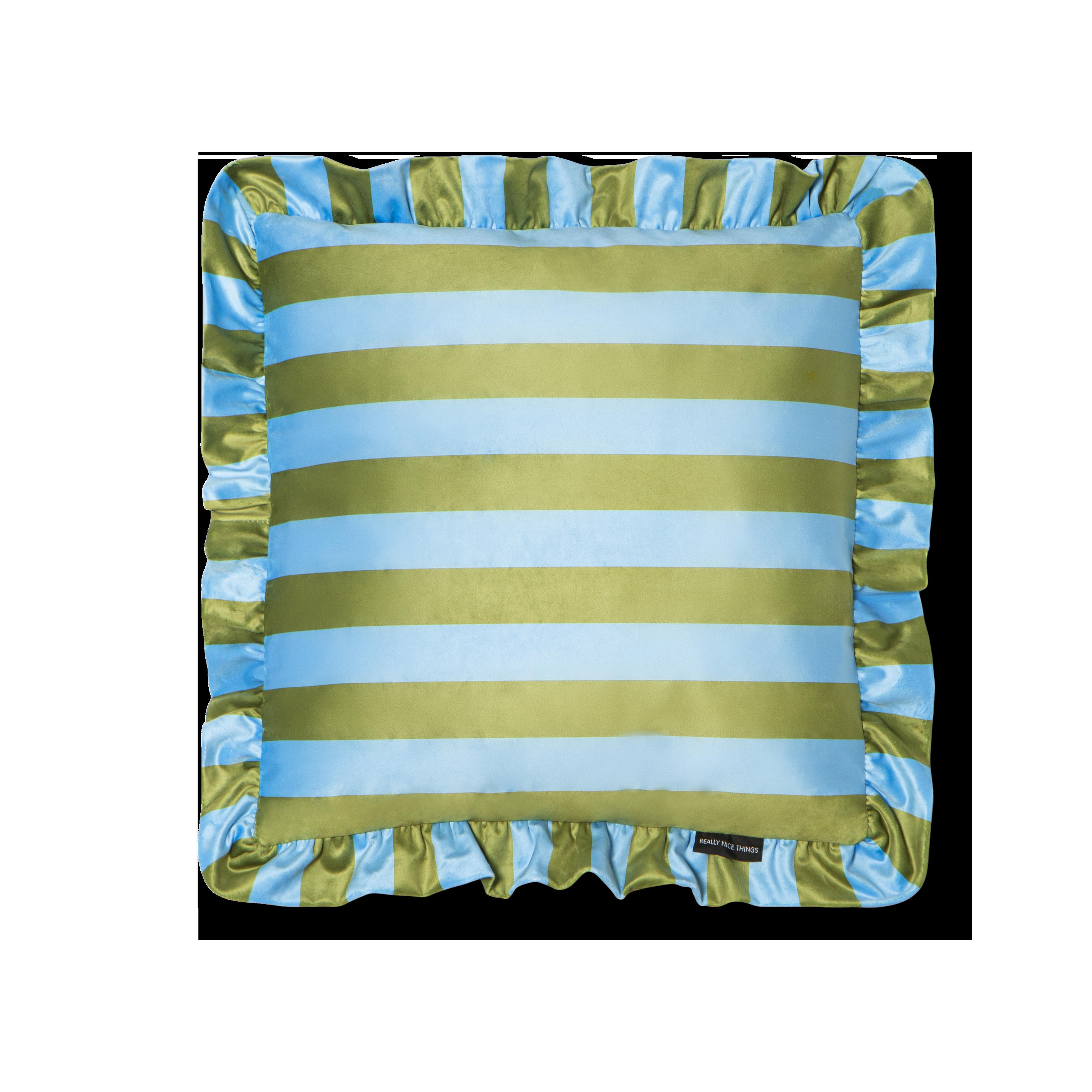 RUFFLE - Coussin en velours avec volant plissé, vert et bleu