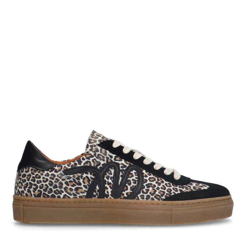 Manfield Zwarte suède leopard sneakers