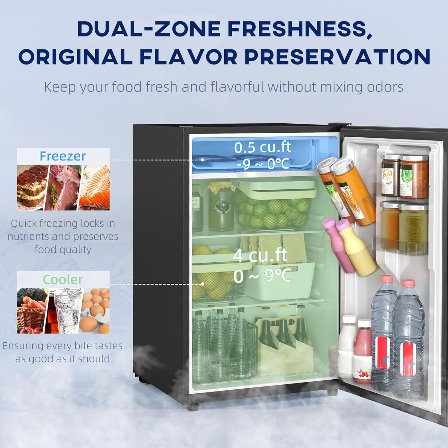 HOMCOM Mini Fridge with Freezer, 4.5 Cu.Ft Small Refrigerator with Adjustable Thermostat, Energy Efficient, Low Noise, Mini Refrigerator for Bedroom, Dorm, Office, Black
