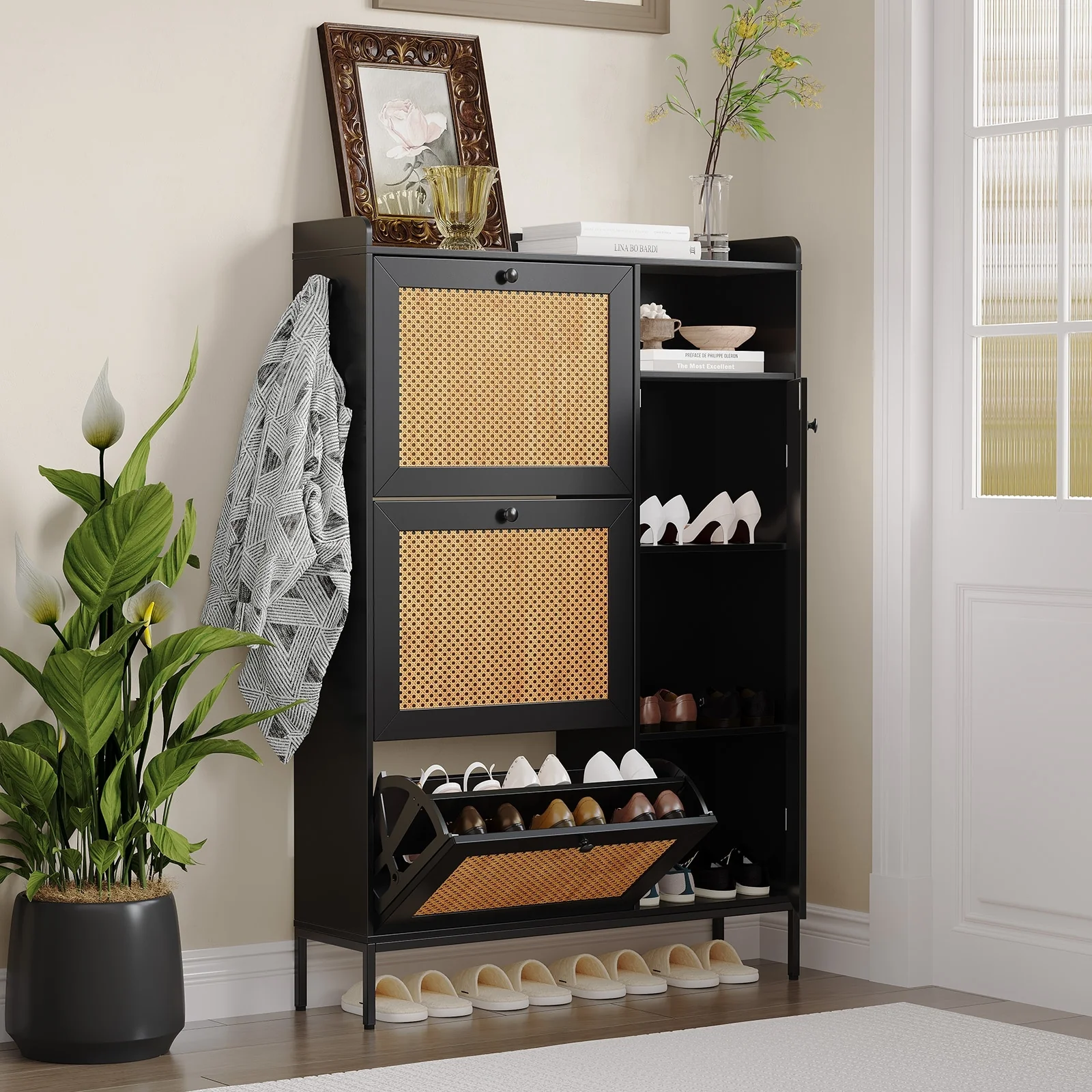 Rattan Shoe Cabinet with 3 Flip Drawers and 4-Tier