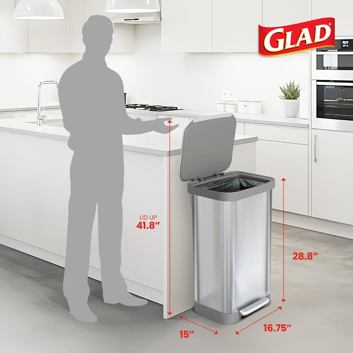 Glad Stainless Steel Step Trash Can, Series 2 with Clorox Protection - Large Metal Kitchen Garbage Bin with Soft Close Lid, Foot Pedal and Waste Bag Roll Holder, 20 Gallon