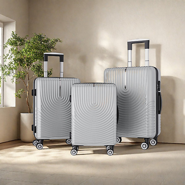 Ensemble de 3 Valises Rigides ABS Bagage Cabine &Soute, Serrure à Code, 4 Roues 360, Pèse-Bagage Inclus, Argent,