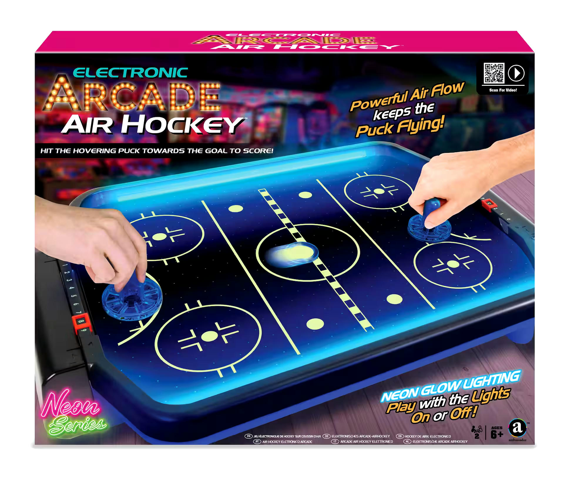 Electronic Arcade 2-Player Air Hockey Game with Neon Lights, Ages 6+