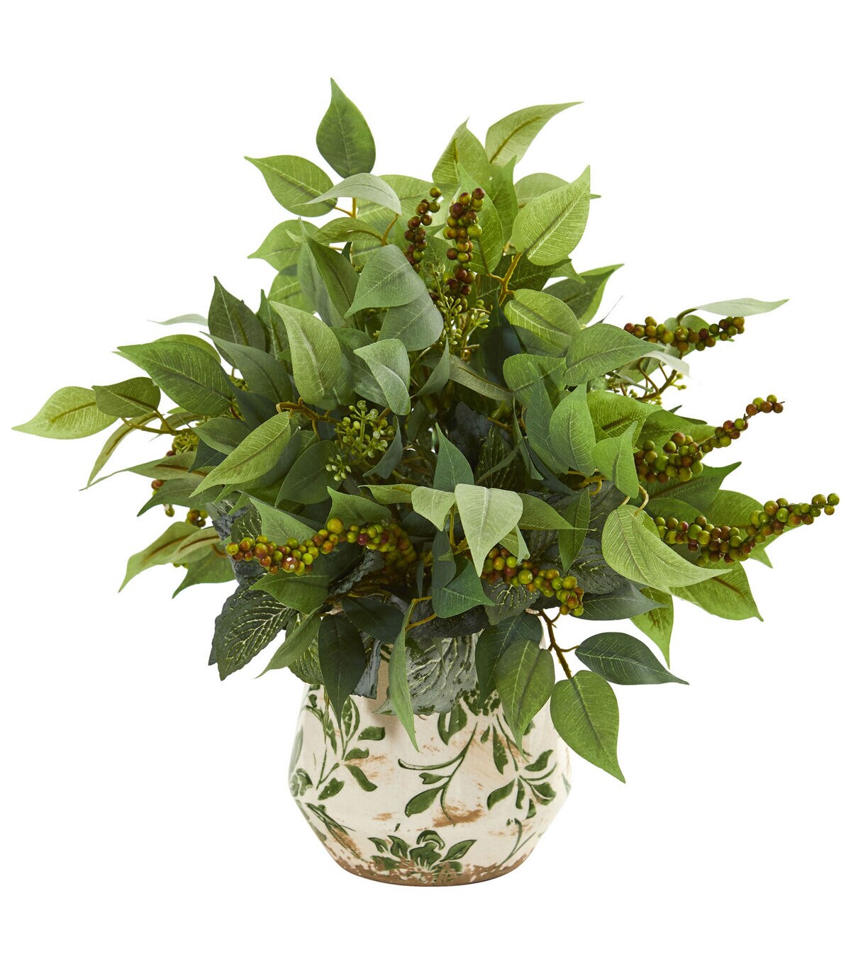Nearly Natural 13 Ficus Fittonia & Berries Plant in Floral Vase