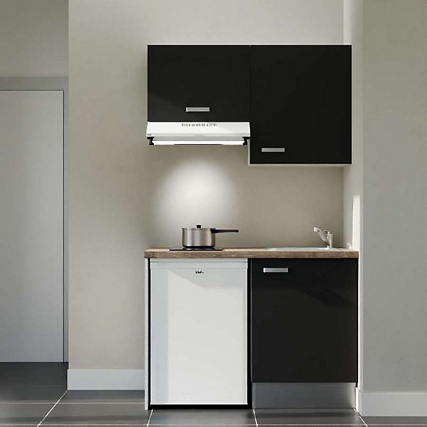 Kitchenette K01 façades Noir - Plan de travail Bois - Crédences : Non - Evier inox - Electroménager Blanc inclus