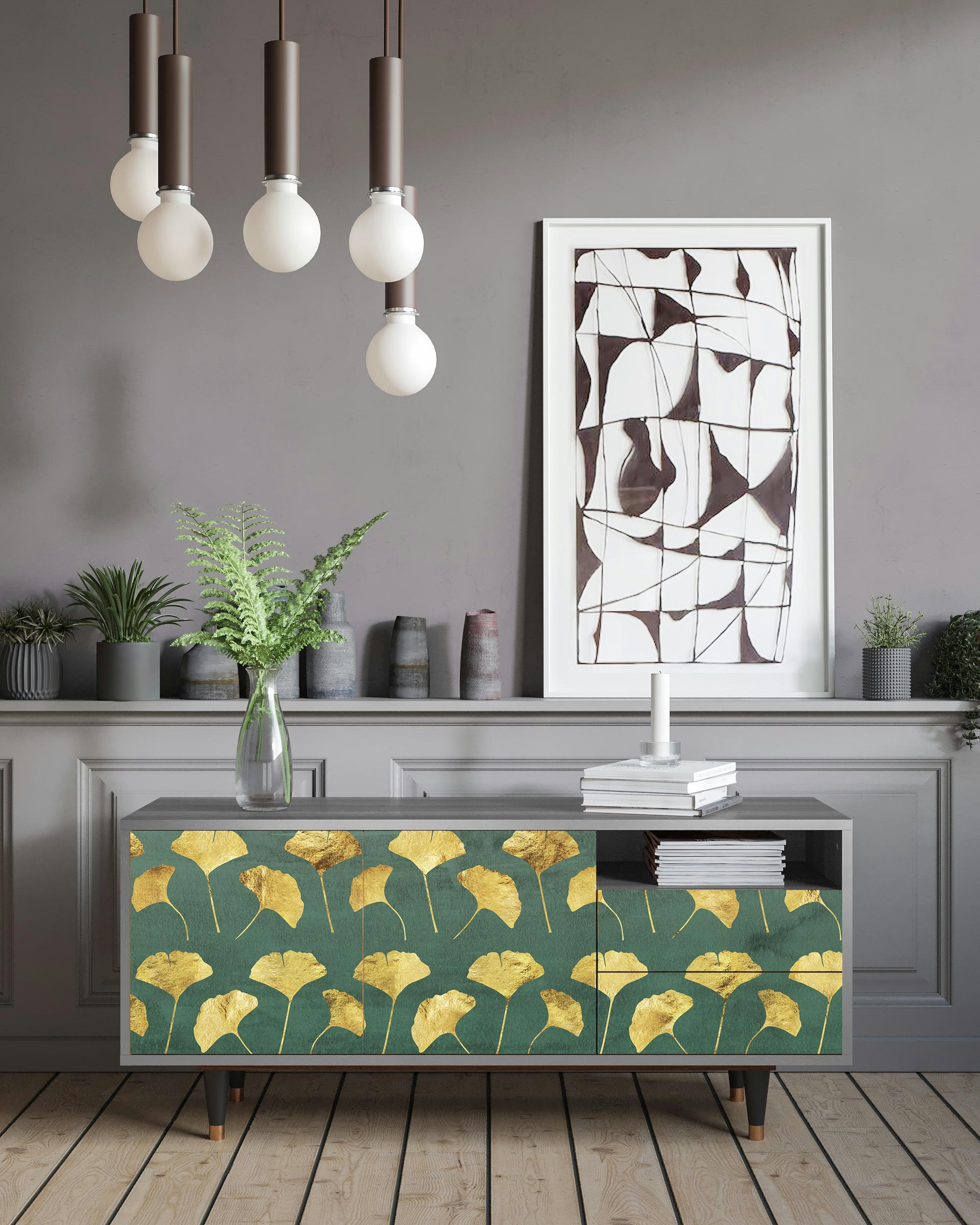 GINGKO LEAVES - Meuble TV  vert et jaune 2 tiroirs et 2 portes L 125 cm