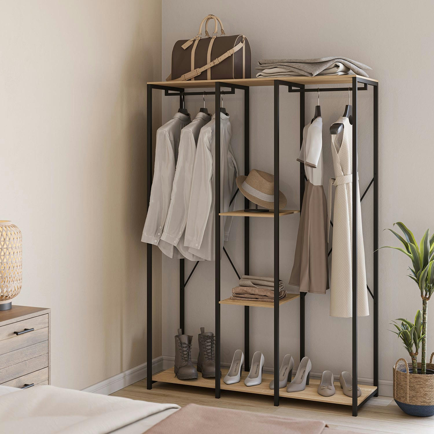 JANA - Dressing 3 étagères 2 barres, couleur chêne/noir