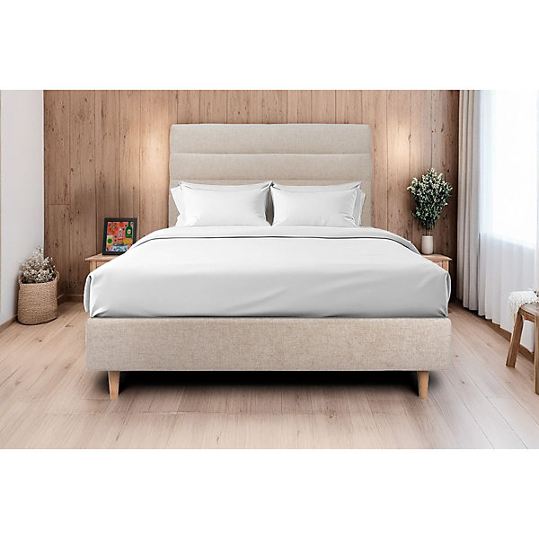 Lit avec tête de lit lignes tissu et sommier tapissier- Lit en bois massif