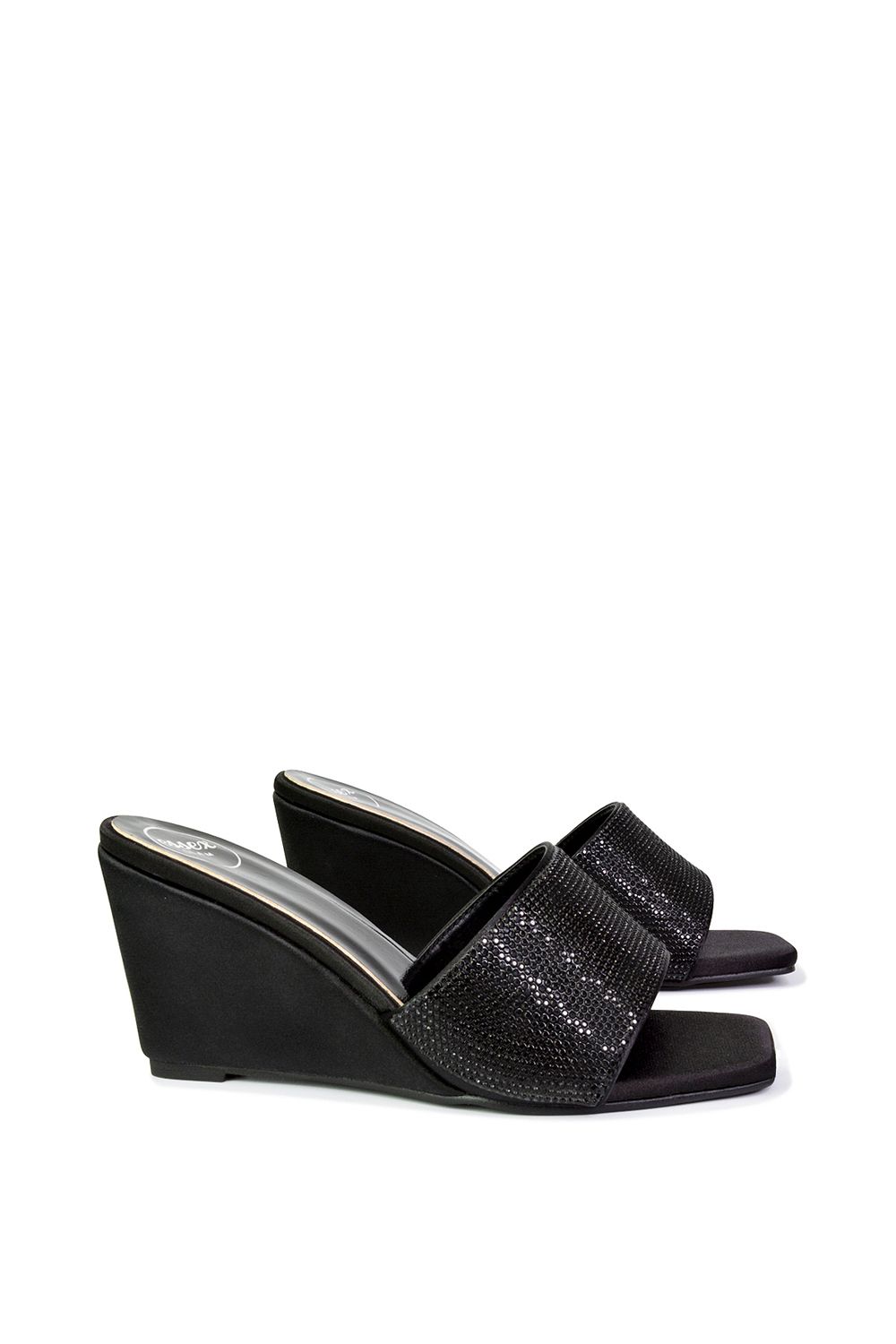 XY London Eliza' Slip On Mule Diamante Sandal Wedge Heels With Square Toe