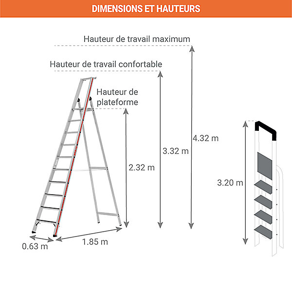 Escabeau 10 marches - Hauteur max. de travail 4.32m - 862610