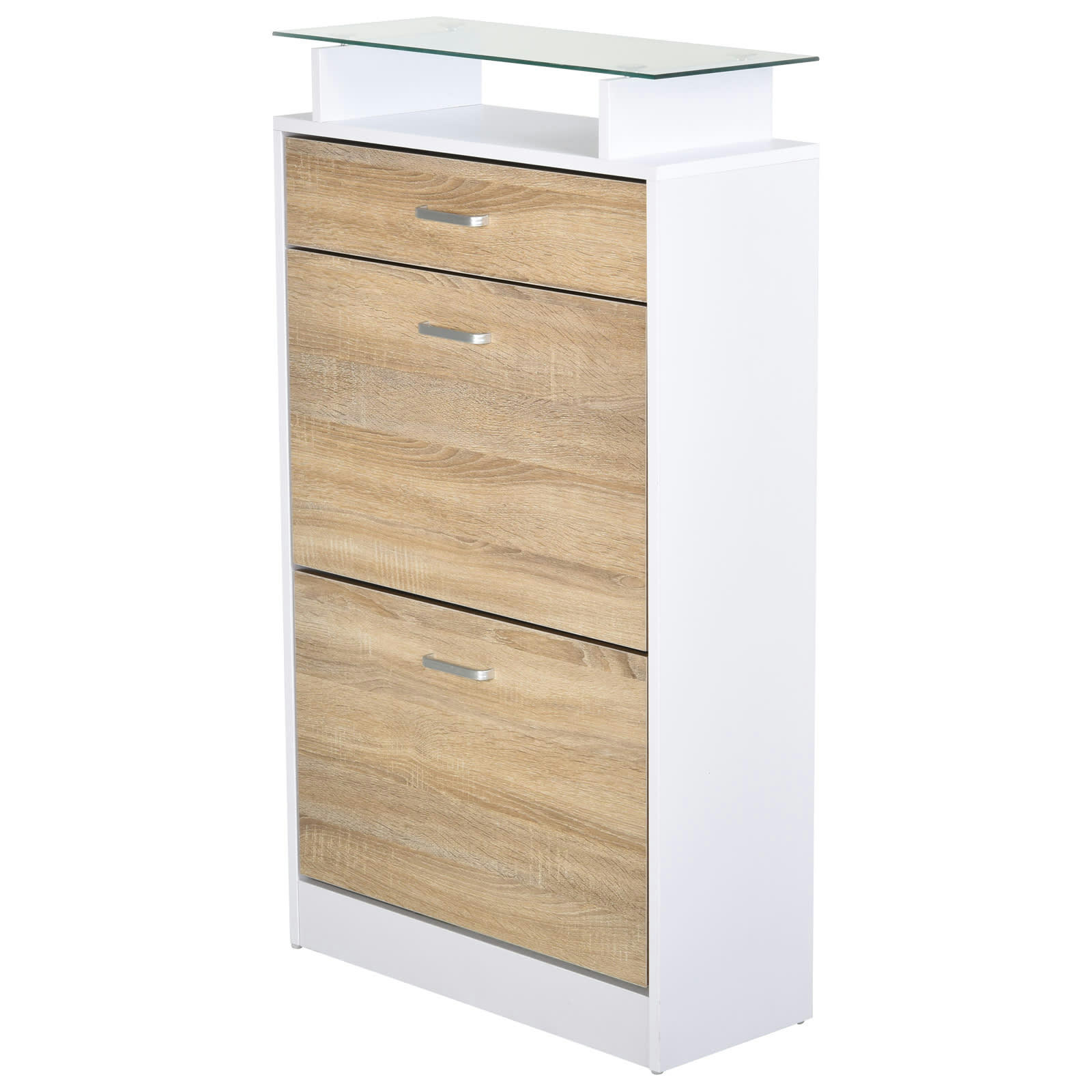 - Armoire à chaussures 2 portes tiroir étagère verre chêne blanc