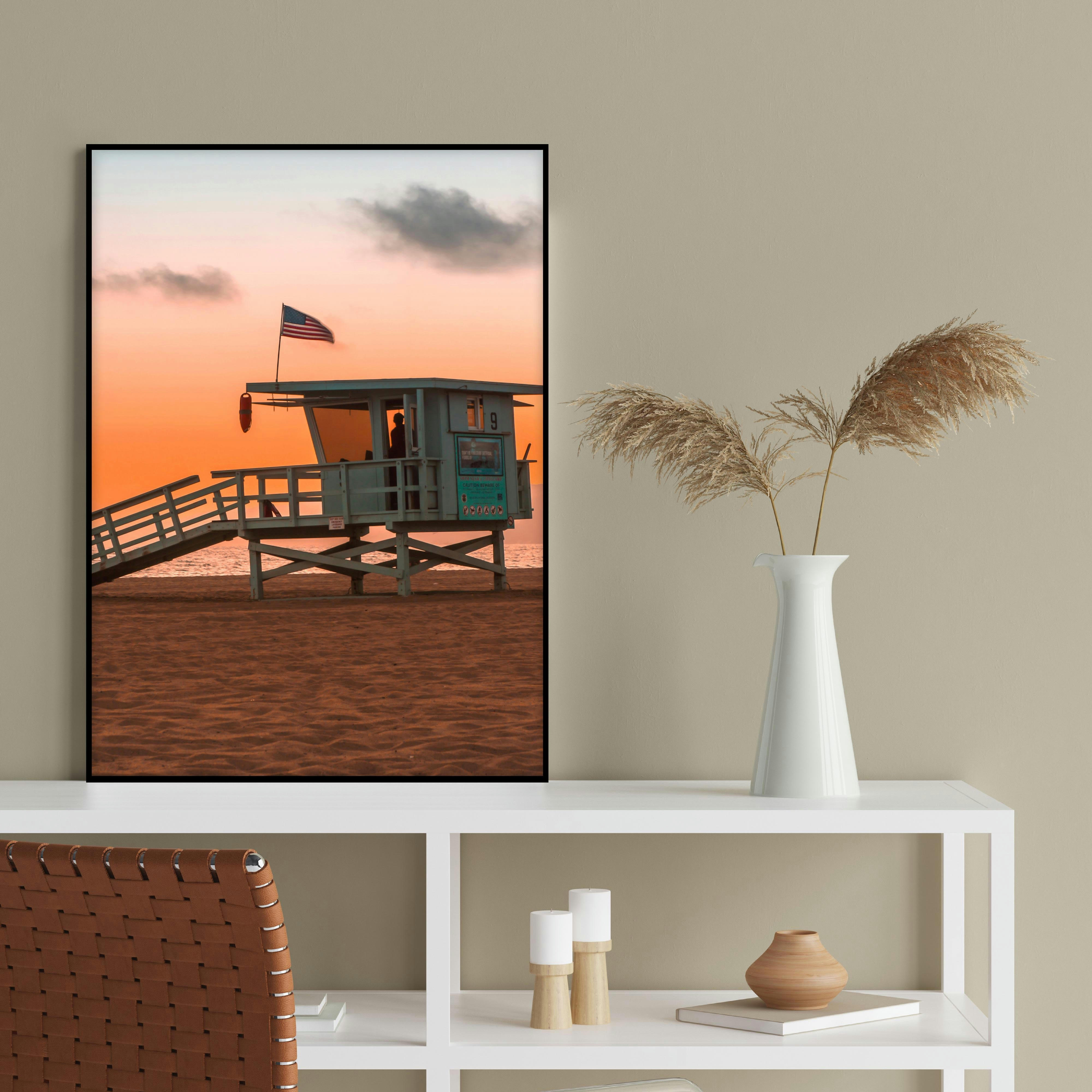 PLAYA - Affiche avec cadre noir - Maître-nageur, Santa Monica - 50x70