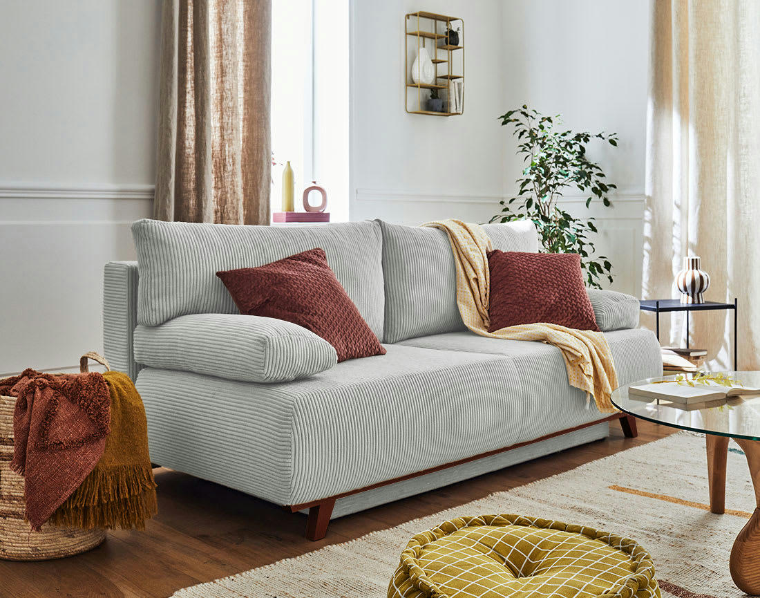 CRISTAL - Canapé droit convertible 3 places en velours côtelé gris clair