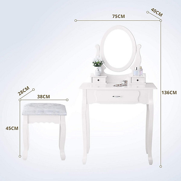 Coiffeuse, avec Tabouret, 1 miroirs, Miroir Pivotant et 3 tiroirs, Idéale pour Enfants et Adultes, Blanc