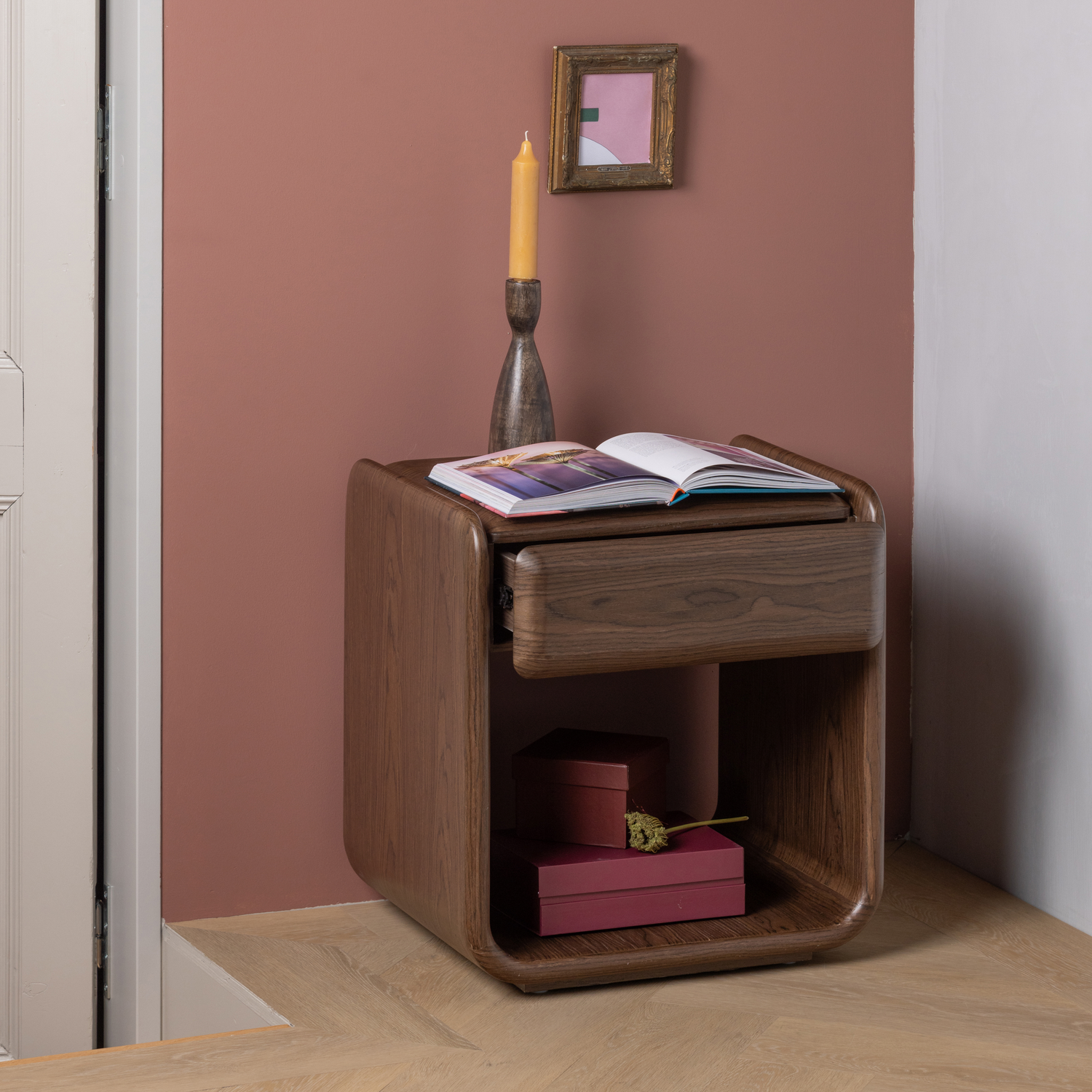 WOOOD Elura Nachtkastje Met Lade - Hout Fineer - Bruin - 50x40x40