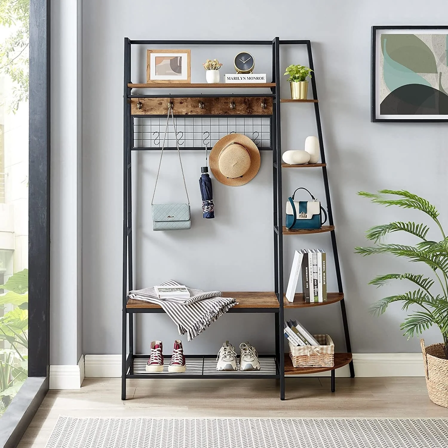 Entryway Coat Rack, Hall Tree with Bookshelves, Multiple Hooks, and Bench Seat