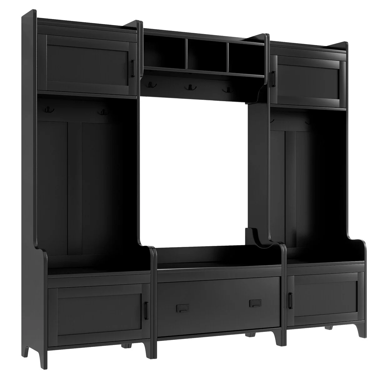 Black Modern Style 4-in-1 Multiple Functions Hallway Coat Rack with Seven Metal Black Hooks and Ample Storage Drawer