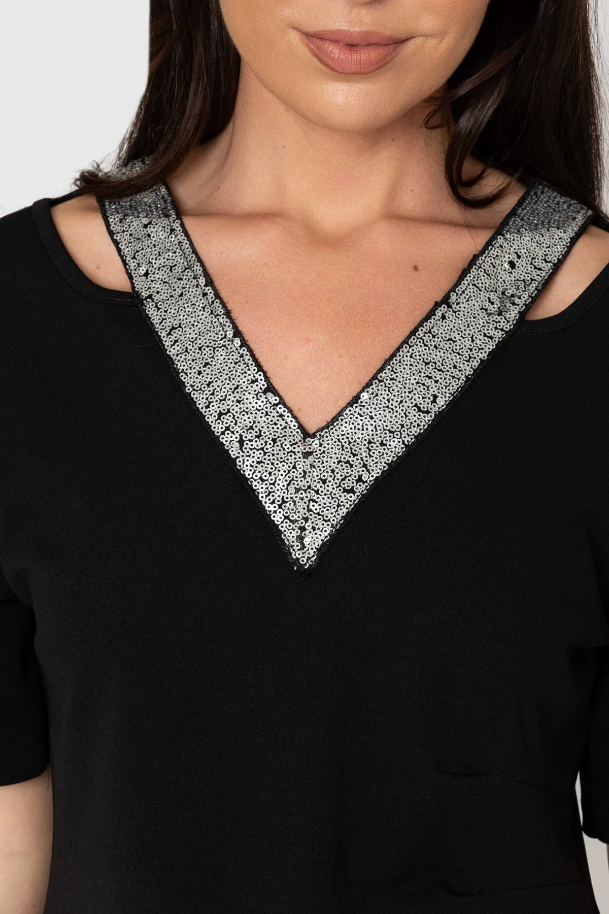 Black Sequin Trim V-Neck Top