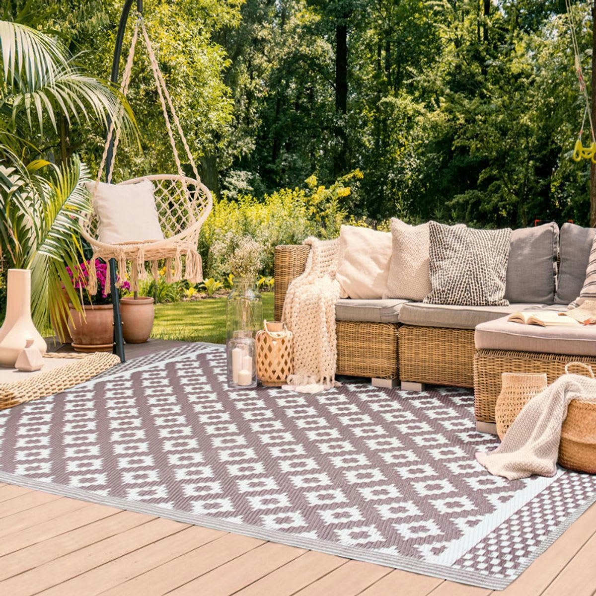 NATOU - Tapis d'extérieur motifs géométriques moka rosé 180x240