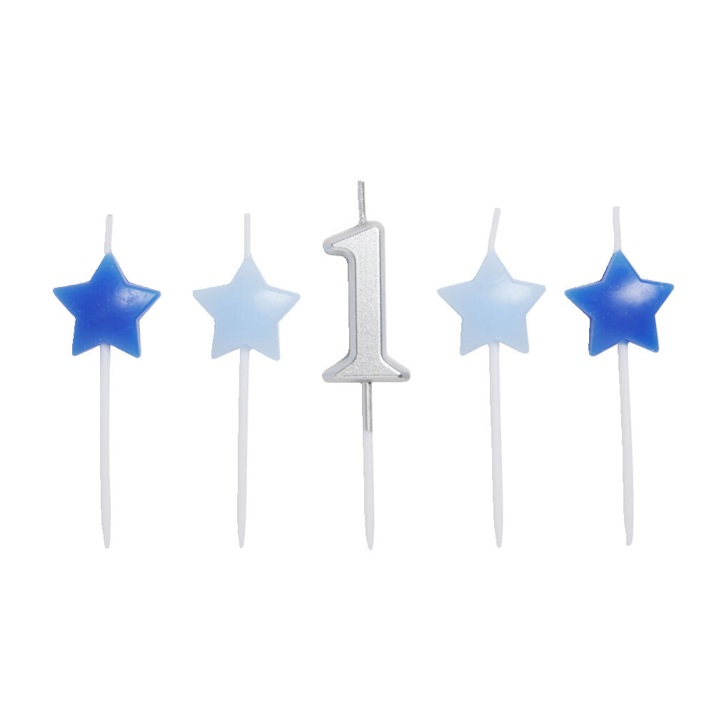 Bougie anniversaire chiffre 1 argenté avec bougies étoiles bleues