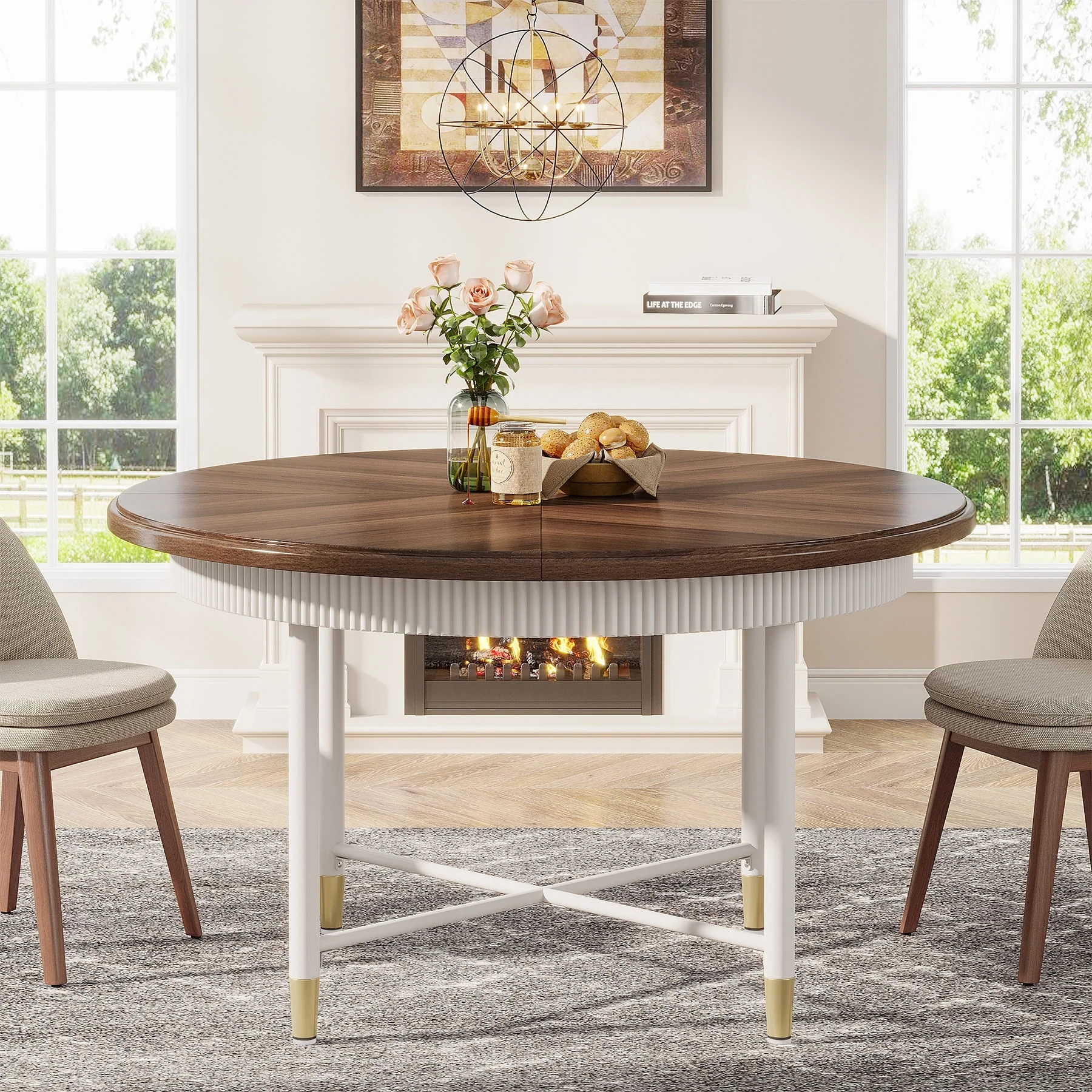 47 Inches Round Dining Table, Rustic Kitchen Table for 4-6 Person