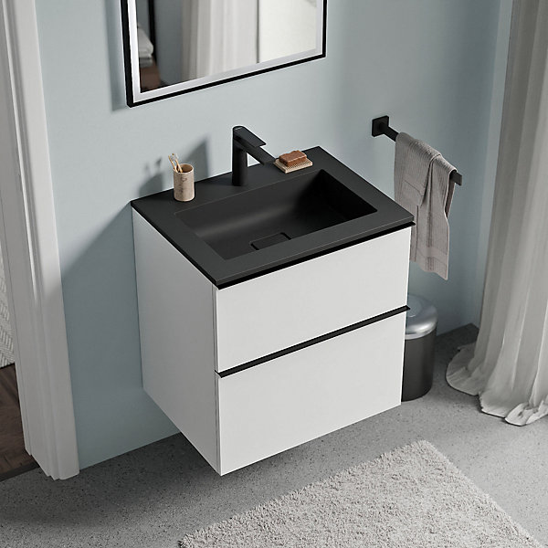 Meuble vasque suspendu MDF Blanc mat, lavabo fonte Noir mat   trou robinet, poignée Noir mat - 60x46x62cm - LAVOA